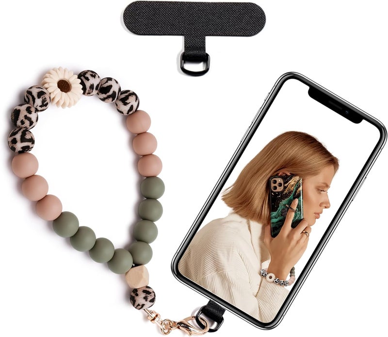 Lostars Store Silicone Beaded Phone Wrist Strap,phone bracelet strap with Tether Tab,Elastic Hands-Free wristlet strap (Daisy Leopard) - Image 1
